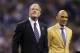 Former Indianapolis Colts' head coach Tony Dungy, right, is honored along side Colts owner Jim Irsay during halftime of half an NFL football game between the Indianapolis Colts and the Pittsburgh Steelers Thursday, Nov. 24, 2016, in Indianapolis. (AP Photo/Michael Conroy)