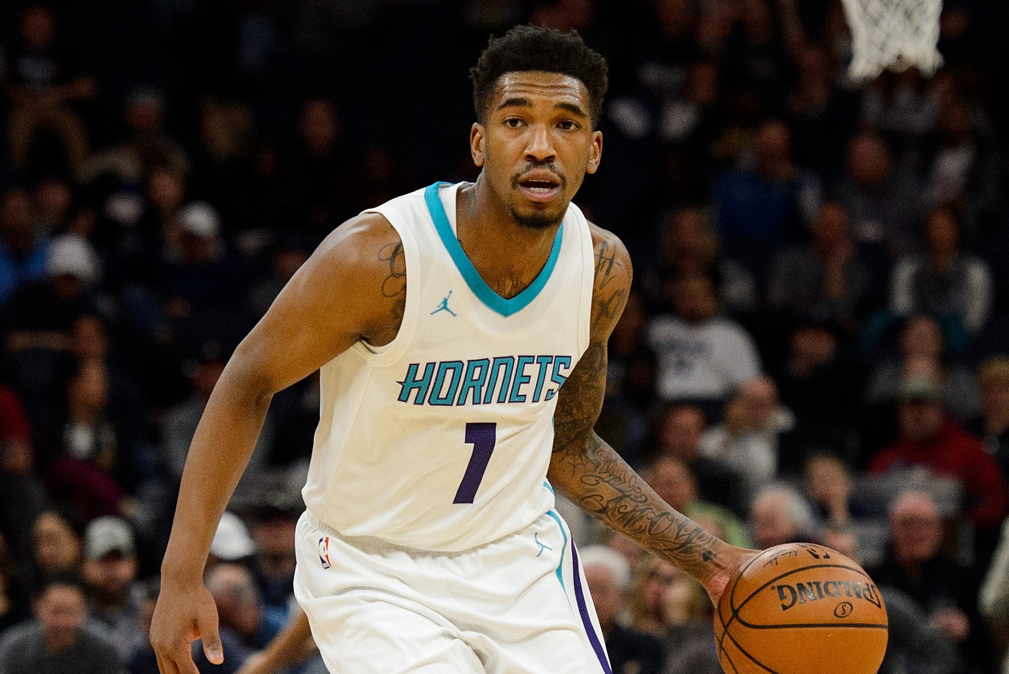 MINNEAPOLIS, MN - NOVEMBER 05: Malik Monk #1 of the Charlotte Hornets drives to the basket against the Minnesota Timberwolves during the game on November 5, 2017 at the Target Center in Minneapolis, Minnesota. NOTE TO USER: User expressly acknowledges and agrees that, by downloading and or using this Photograph, user is consenting to the terms and conditions of the Getty Images License Agreement. (Photo by Hannah Foslien/Getty Images)