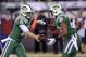 New York Jets quarterback Josh McCown (15) hands off to running back Matt Forte (22) during the first half of an NFL football game against the Buffalo Bills, Thursday, Nov. 2, 2017, in East Rutherford, N.J. (AP Photo/Bill Kostroun)
