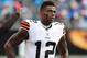 CHARLOTTE, NC - DECEMBER 21: Josh Gordon #12 of the Cleveland Browns watches the action against the Carolina Panthers on December 21, 2014 at Bank of America Stadium in Charlotte, North Carolina. (Photo by Scott Cunningham/Getty Images)
