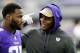 MINNEAPOLIS, MN - OCTOBER 15: Teddy Bridgewater #5 of the Minnesota Vikings speaks with teammate Latavius Murray #25 before the game against the Green Bay Packers on October 15, 2017 at US Bank Stadium in Minneapolis, Minnesota. (Photo by Hannah Foslien/Getty Images)