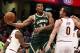 CLEVELAND, OH - NOVEMBER 07: Giannis Antetokounmpo #34 of the Milwaukee Bucks pbades around Kevin Love #0 of the Cleveland Cavaliers during the first half at Quicken Loans Arena on November 7, 2017 in Cleveland, Ohio. NOTE TO USER: User expressly acknowledges and agrees that, by downloading and or using this photograph, User is consenting to the terms and conditions of the Getty Images License Agreement. (Photo by Gregory Shamus/Getty Images)