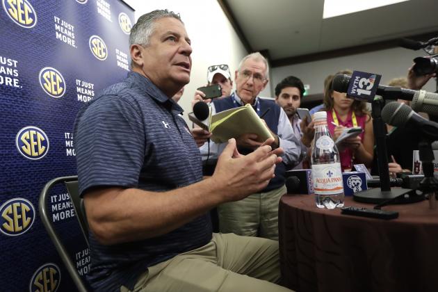 Auburn head coach Bruce Pearl answers questions during the Southeastern Conference men's NCAA college basketball media day Wednesday, Oct. 18, 2017, in Nashville, Tenn. (AP Photo/Mark Humphrey)