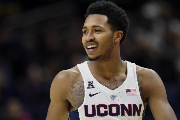 Connecticut's Jalen Adams in the first half of an NCAA college exhibition basketball game, Sunday, Nov. 5, 2017, in Storrs, Conn. (AP Photo/Jessica Hill)
