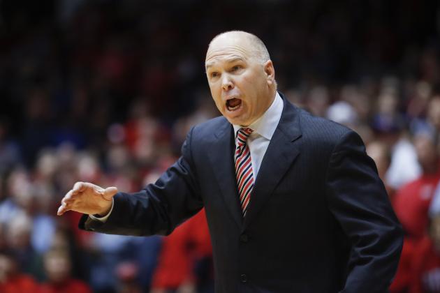 FILE - In This Nov. 19, 2016, file photo, St. Mary's coach Randy Bennett reacts to a referee's call during the second half an NCAA college basketball game against Dayton in Dayton, Ohio. Freshly ousted with an early exit in the West Coast Conference tournament, Saint Mary's made the quiet flight home and returned to campus. Coach Randy Bennett sent home the seniors and called a team meeting for the underclassmen that began about 10 p.m. He did the talking, for about an hour: The Gaels hadn't been close to good enough and this would be a painful lesson. (AP Photo/John Minchillo, File)