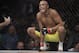 Anderson Silva, of Brazil, squats before a middleweight mixed martial arts bout against Derek Brunson at UFC 208 Saturday, Feb. 11, 2017, in New York. Silva won the fight. (AP Photo/Frank Franklin II)