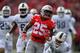 COLUMBUS, OH - NOVEMBER 11: Mike Weber #25 of the Ohio State Buckeyes leaves the Michigan State defense behind as he completes a 47-yard touchdown run in the first quarter at Ohio Stadium on November 11, 2017 in Columbus, Ohio. (Photo by Jamie Sabau/Getty Images)