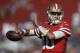 San Francisco 49ers quarterback Jimmy Garoppolo (10) warms up before an NFL football game against the New York Giants in Santa Clara, Calif., Sunday, Nov. 12, 2017. (AP Photo/Marcio Jose Sanchez)