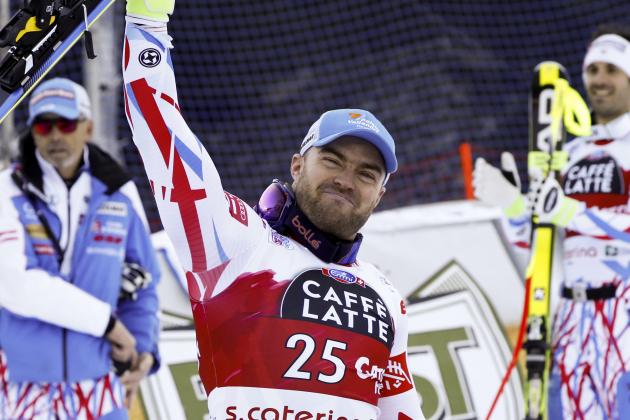 FILE - In this Tuesday, Dec. 29, 2015 file photo, France's David Poisson celebrates his third place after completing a men's World Cup downhill in Santa Caterina Valfurva, Italy. French downhiller David Poisson died on Monday, Nov. 13, 2017 following a training crash in Canada. The French skiing federation said in a statement that the 35-year-old Poisson, who won a bronze medal in the downhill at the 2013 world championships, was training in the Canadian resort of Nakiska for World Cup races in North America. (AP Photo/Alessandro Trovati, file)