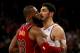 NEW YORK, NY - NOVEMBER 13: LeBron James #23 of the Cleveland Cavaliers and Enes Kanter #00 of the New York Knicks exchange words in the first half at Madison Square Garden on November 13, 2017 in New York City. NOTE TO USER: User expressly acknowledges and agrees that, by downloading and or using this Photograph, user is consenting to the terms and conditions of the Getty Images License Agreement (Photo by Elsa/Getty Images)