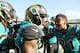 JACKSONVILLE, FL - NOVEMBER 05: Jaydon Mickens #85 (L) and A.J. Bouye #21 of the Jacksonville Jaguars celebrate after Mickens scored a touchdown on a 63-yard punt return in the second half of their game against the Cincinnati Bengals at EverBank Field on November 5, 2017 in Jacksonville, Florida. (Photo by Logan Bowles/Getty Images)