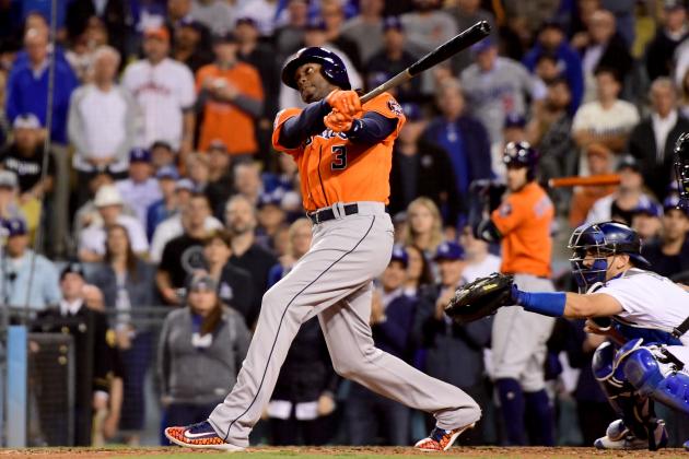 LOS ANGELES, CA - NOVEMBER 01:  Cameron Maybin #3 of the Houston Astros bats during the sixth inning against the Los Angeles Dodgers in game seven of the 2017 World Series at Dodger Stadium on November 1, 2017 in Los Angeles, California.  (Photo by Harry How/Getty Images)