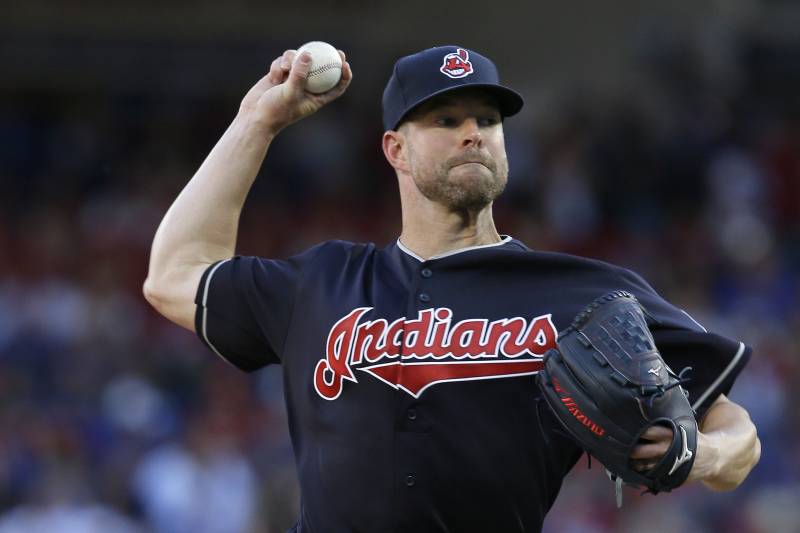 Cleveland Indians starting pitcher Corey Kluber throws during the first inning of an opening day baseball game against the Texas Rangers in Arlington, Texas, Monday, April 3, 2017. (AP Photo/LM Otero)