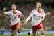 Denmark's midfielder Christian Eriksen celebrates with Denmark's midfielder Thomas Delaney (L) after scoring their third goal during the FIFA World Cup 2018 qualifying football match, second leg, between Republic of Ireland and Denmark at Aviva Stadium in Dublin on November 14, 2017. / AFP PHOTO / Paul FAITH (Photo credit should read PAUL FAITH/AFP/Getty Images)