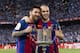 MADRID, SPAIN - MAY 27: Lionel Andres Messi of FC Barcelona (L) and Andres Iniesta Lujan of FC Barcelona (L) poses for photos with the trophy of Copa Del Rey, after the final between FC Barcelona and Deportivo Alaves at Vicente Calderon Stadium on May 27, 2017 in Madrid, Spain. (Photo by Power Sport Images/Getty Images)