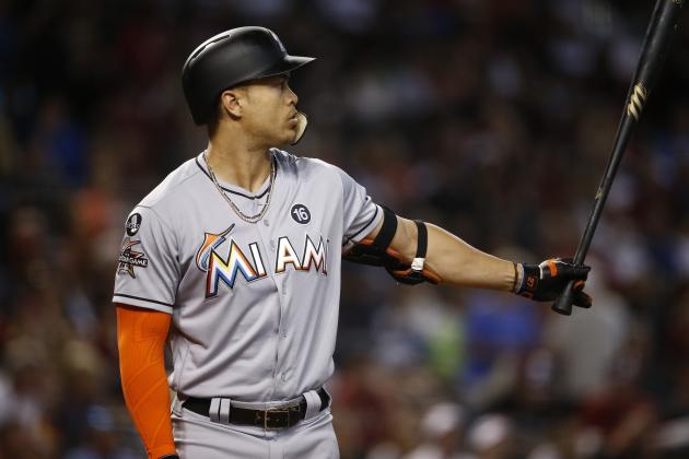 Miami Marlins' Giancarlo Stanton steps in to bat against the Arizona Diamondbacks during the first inning of a baseball game Sunday, Sept. 24, 2017, in Phoenix. (AP Photo/Ross D. Franklin)