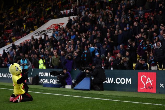 WATFORD, ENGLAND - NOVEMBER 19: Harry the Hornet, mascot of Watford taunts the West Ham fans beforethe Premier League match between Watford and West Ham United at Vicarage Road on November 19, 2017 in Watford, England. (Photo by Catherine Ivill/Getty Images)