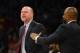 LOS ANGELES, CA - NOVEMBER 19: Michael Malone, head coach of the Denver Nuggets is held back by assistant coach Wes Unseld Jr. as he gets ejected from the game against the Los Angeles Lakers on November 19, 2017 at STAPLES Center in Los Angeles, California. NOTE TO USER: User expressly acknowledges and agrees that, by downloading and or using this photograph, User is consenting to the terms and conditions of the Getty Images License Agreement.Ê (Photo by Robert Laberge/Getty Images)