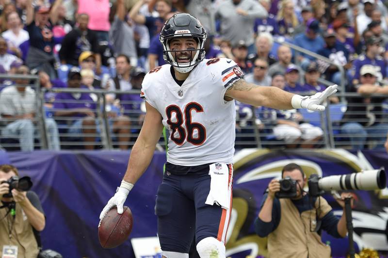 Chicago Bears tight end Zach Miller celebrates after scoring a touchdown in the first half of an NFL football game against the Baltimore Ravens, Sunday, Oct. 15, 2017, in Baltimore. (AP Photo/Nick Wass)