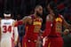 DETROIT, MI - NOVEMBER 20: LeBron James #23 of the Cleveland Cavaliers celebrates a first half three point basket with Jae Crowder #99 while playing the Detroit Pistons at Little Caesars Arena on November 20, 2017 in Detroit, Michigan. Cleveland won the game 116-88. NOTE TO USER: User expressly acknowledges and agrees that, by downloading and or using this photograph, User is consenting to the terms and conditions of the Getty Images License Agreement. (Photo by Gregory Shamus/Getty Images)