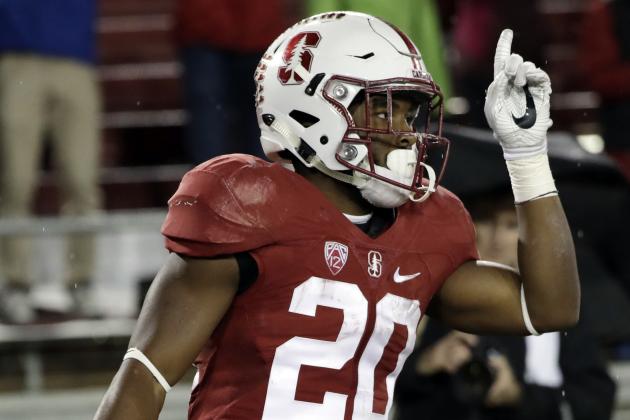 Stanford running back Bryce Love celebrates in the end zone after a touchdown run against Rice during the second half of an NCAA college football game Saturday, Nov. 26, 2016, in Stanford, Calif. (AP Photo/Marcio Jose Sanchez)
