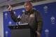 Cleveland Browns head coach Hue Jackson gestures during a press conference after an NFL football game against Minnesota Vikings at Twickenham Stadium in London, Sunday Oct. 29, 2017. Minnesota Vikings won the match 33-16. (AP Photo/Tim Ireland)