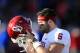 Oklahoma quarterback Baker Mayfield (6) during the first half of an NCAA college football game against Kansas in Lawrence, Kan., Saturday, Nov. 18, 2017. (AP Photo/Orlin Wagner)