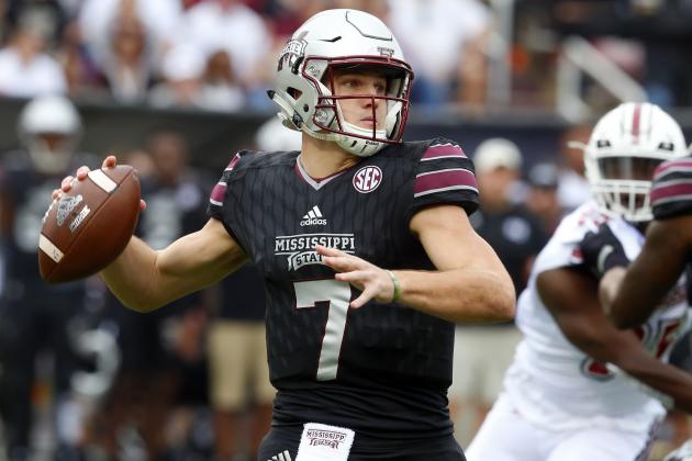 STARKVILLE, MS - NOVEMBER 4: Nick Fitzgerald #7 of the Mississippi State Bulldogs throws a pass during the first half of an NCAA football game against the Massachusetts Minutemen at Davis Wade Stadium on November 4, 2017 in Starkville, Mississippi. (Photo by Butch Dill/Getty Images)