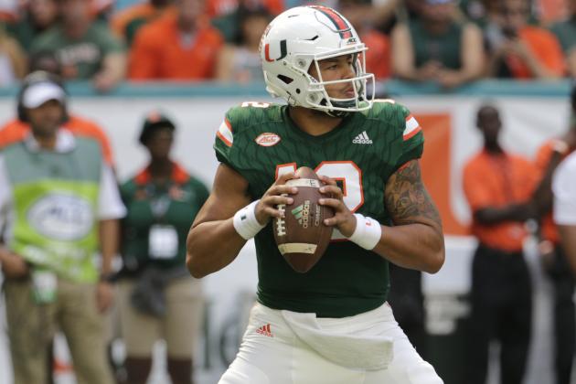 Miami quarterback Malik Rosier stands back to pass during the first half of an NCAA college football game against Virginia, Saturday, Nov. 18, 2017, in Miami Gardens, Fla. (AP Photo/Lynne Sladky)