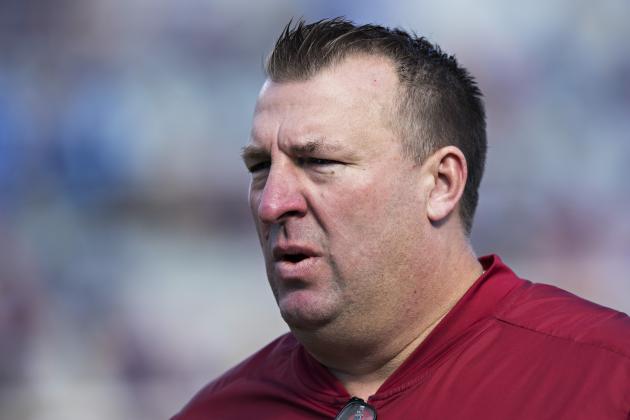 OXFORD, MS - OCTOBER 28:  Head Coach Bret Bielema of the Arkansas Razorbacks watches his team warm up before a game against the Ole Miss Rebels at Hemingway Stadium on October 28, 2017 in Oxford, Mississippi.  The Razorbacks defeated the Rebels 38-37.  (Photo by Wesley Hitt/Getty Images)