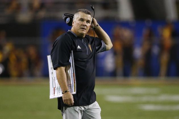Arizona State coach Todd Graham stands on the field during the first half of the team's NCAA college football game against San Diego State on Saturday, Sept. 9, 2017, in Tempe, Ariz. (AP Photo/Ross D. Franklin)