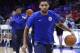 Philadelphia 76ers' Jahlil Okafor dribbles the ball during prior to an NBA basketball game against the Atlanta Hawks, Wednesday, Nov. 1, 2017, in Philadelphia. Okafor, the No. 3 pick of the 2015 draft, wants out after the Sixers declined to pick up his fourth-year contract option for next season. (AP Photo/Michael Perez)
