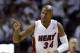 FILE - In this May 30, 2014, file photo, Miami Heat guard Ray Allen gestures after scoring a three-point basket during the first half of Game 6 in the NBA basketball playoffs Eastern Conference finals against the Indiana Pacers, in Miami. Retired NBA star Ray Allen believes he is a victim of