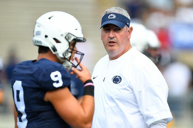 STATE COLLEGE, PA - SEPTEMBER 3:  Offensive coordinator Joe Moorhead of the Penn State Nittany Lions looks on during warmups prior to the game against the Kent State Golden Flashes at Beaver Stadium on September 3, 2016 in State College, Pennsylvania.  (Photo by Joe Sargent/Getty Images) *** Local Caption ***