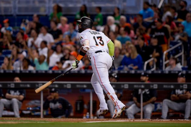 MIAMI, FL - OCTOBER 01: Marcell Ozuna #13 of the Miami Marlins at bat during the game against the Atlanta Braves at Marlins Park on October 1, 2017 in Miami, Florida. (Photo by Rob Foldy/Miami Marlins via Getty Images)