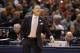 Louisville head coach Rick Pitino yells to his team from the sideline during the first half of a first-round game against Jacksonville State in the men's NCAA college basketball tournament in Indianapolis, Friday, March 17, 2017. (AP Photo/Michael Conroy)
