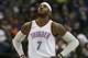 Oklahoma City Thunder forward Carmelo Anthony (7) stands on the floor during the first half of an NBA basketball game against the Dallas Mavericks in Dallas, Saturday, Nov. 25, 2017. (AP Photo/LM Otero)