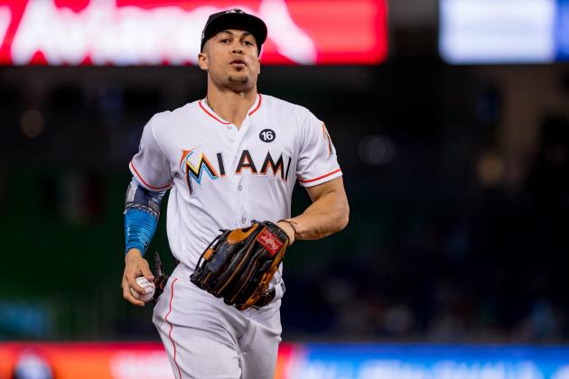 MIAMI, FL - OCTOBER 01: Giancarlo Stanton #27 of the Miami Marlins during the game against the Atlanta Braves at Marlins Park on October 1, 2017 in Miami, Florida. (Photo by Rob Foldy/Miami Marlins via Getty Images)