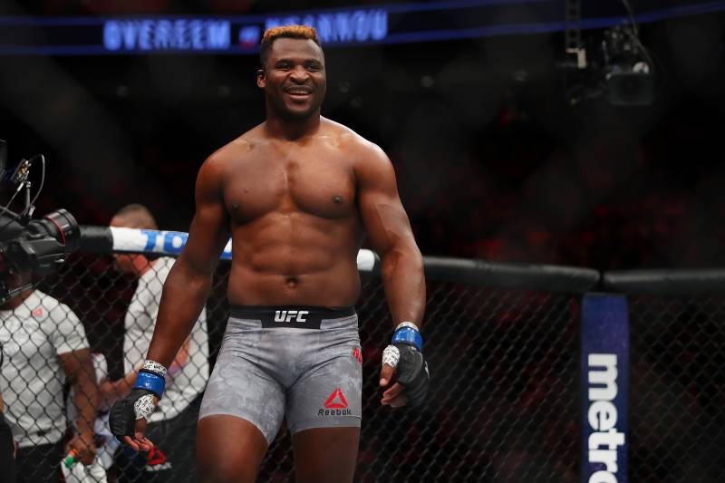 7DETROIT, MI - DECEMBER 02: Francis Ngannou of France celebrates his victory over Alistair Overeem of the Netherlands during UFC 218 at Little Ceasars Arena on December 2, 2018 in Detroit, Michigan. (Photo by Gregory Shamus/Getty Images)