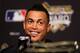 LOS ANGELES, CA - OCTOBER 25: 2017 Hank Aaron Award recipient Giancarlo Stanton #27 of the Miami Marlins attends the 2017 Hank Aaron Award press conference prior to game two of the 2017 World Series between the Houston Astros and the Los Angeles Dodgers at Dodger Stadium on October 25, 2017 in Los Angeles, California. (Photo by Tim Bradbury/Getty Images)
