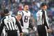 BUFFALO, NY - DECEMBER 3: Rob Gronkowski #87 of the New England Patriots argues with field judge Mike Weatherford #116 after receiving a penalty for his late hit on Tre'Davious White #27 of the Buffalo Bills during NFL game action at New Era Field on December 3, 2017 in Buffalo, New York. (Photo by Tom Szczerbowski/Getty Images)