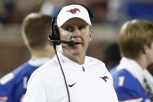 SMU head coach Chad Morris directs the Mustangs against Central Florida during the first half of an NCAA college football game, Saturday, Nov. 4, 2017, in Dallas. (AP Photo/Mike Stone)