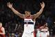 Washington Wizards guard Bradley Beal reacts after hitting a shot during the second half of the team's NBA basketball game against the Portland Trail Blazers in Portland, Ore., Tuesday, Dec. 5, 2017. Beal scored 51 points as the Wizards won 106-92 (AP Photo/Steve Dykes)