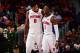 DETROIT, MI - NOVEMBER 3: Andre Drummond #0 and Reggie Jackson #1 of the Detroit Pistons celebrate a win against the Milwaukee Bucks on November 3, 2017 at Little Caesars Arena in Detroit, Michigan. NOTE TO USER: User expressly acknowledges and agrees that, by downloading and/or using this photograph, User is consenting to the terms and conditions of the Getty Images License Agreement. Mandatory Copyright Notice: Copyright 2017 NBAE (Photo by Chris Schwegler/NBAE via Getty Images)