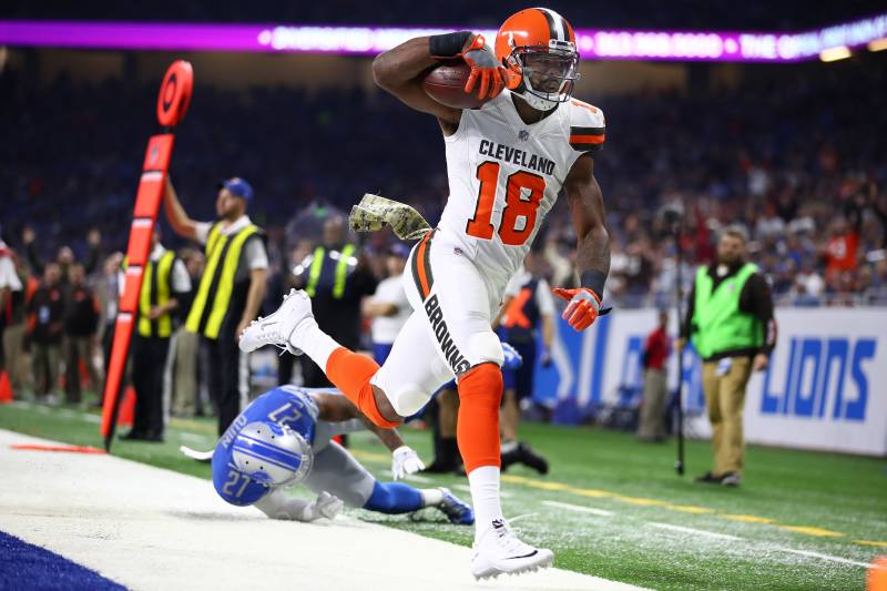 DETROIT, MI - NOVEMBER 12:  Kenny Britt #18 of the Cleveland Browns scores a touchdown against Glover Quin #27 of the Detroit Lions during the first quarter at Ford Field on November 12, 2017 in Detroit, Michigan. (Photo by Gregory Shamus/Getty Images)