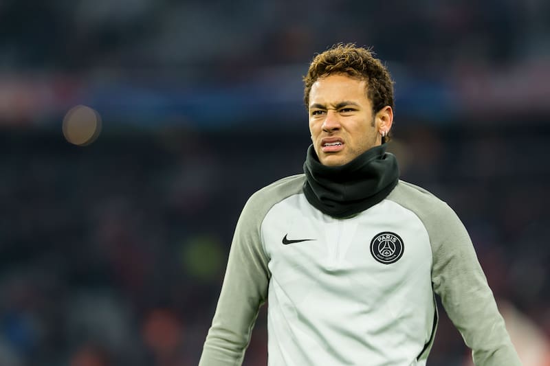 MUNICH, GERMANY - DECEMBER 05: Neymar of Paris Saint-Germain looks on during the UEFA Champions League group B match between Bayern Muenchen and Paris Saint-Germain at Allianz Arena on December 5, 2017 in Munich, Germany. (Photo by TF-Images/TF-Images via Getty Images)