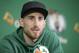 Boston Celtics' Gordon Hayward takes questions from members of the media during a news conference, Thursday, Nov. 2, 2017 at the Celtics' training facility in Waltham, Mass. Hayward broke his left ankle Oct. 17, 2017, while playing in Cleveland against the Cavaliers. (AP Photo/Steven Senne)
