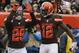 Cleveland Browns running back Duke Johnson (29) celebrates with Josh Gordon (12) after Johnson scored a 7-yard touchdown in the first half of an NFL football game against the Green Bay Packers, Sunday, Dec. 10, 2017, in Cleveland. (AP Photo/Ron Schwane)
