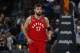 Toronto Raptors center Jonas Valanciunas (17) in the first half of an NBA basketball game Wednesday, Nov. 1, 2017, in Denver. (AP Photo/David Zalubowski)
