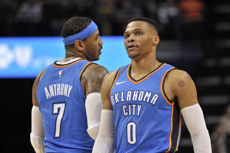 Oklahoma City Thunder guard Russell Westbrook (0) and forward Carmelo Anthony (7) talk on the court in the second half of an NBA basketball game against the Memphis Grizzlies Saturday, Dec. 9, 2017, in Memphis, Tenn. (AP Photo/Brandon Dill)